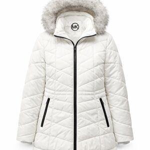 Michael Kors faux-fur-trim hooded puffer coat in white. Women’s Size Large